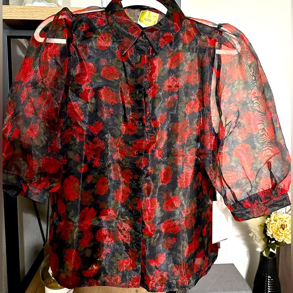 ♥️ Blashe Sheer Dramatic Floral Puff Sleeve Blouse - Picture 4 of 10